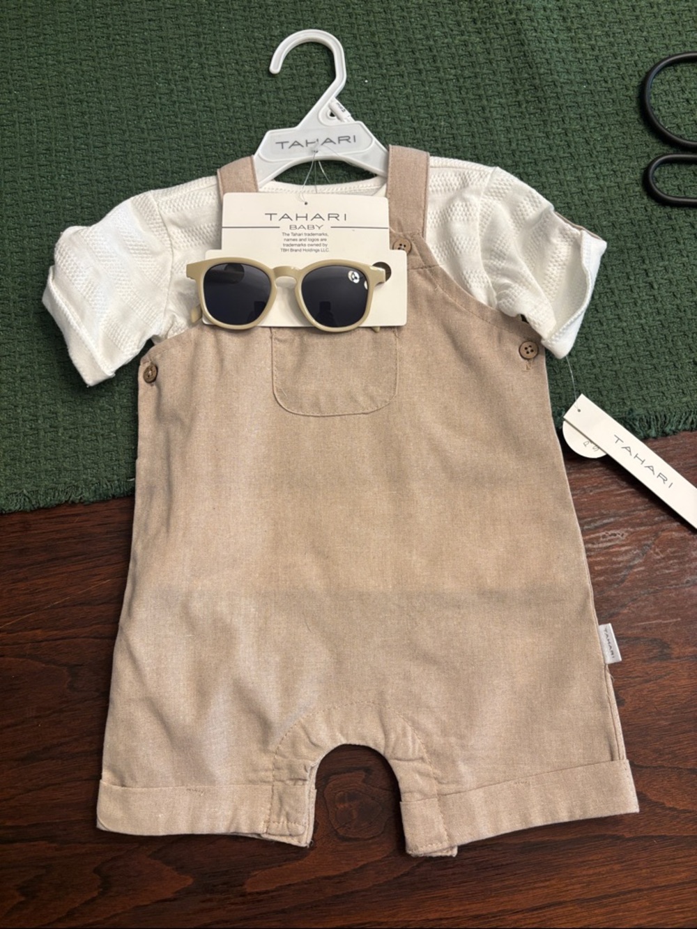 Tahari Baby Tan Shortall with White Knit Tee and Cream Sunglasses